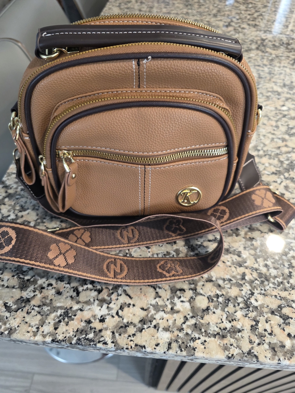 Tan Crossbody Bag with Logo Accent